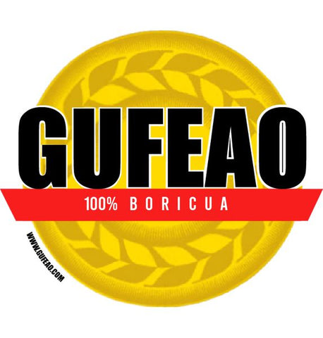 A circular medal design with a yellow background featuring a laurel wreath pattern. The word "GUFEAO" is prominently displayed in large black letters across the center, with "100% BORICUA" in white on a red banner below it. The website "www.gufeo.com" is noted at the bottom.