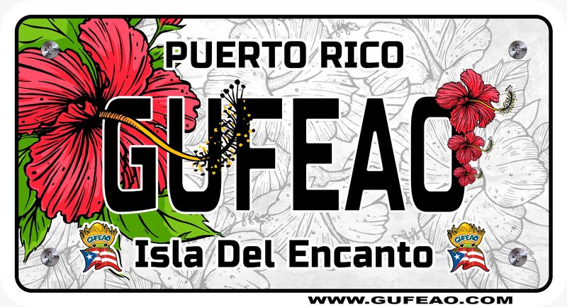 A stylized license plate with a background featuring the Puerto Rican flag's red and white stripes and blue triangle with a white star, adorned with hibiscus flowers and green leaves. The word "GUFEAO" is prominently displayed in large black letters, with "PUERTO RICO" above in black. Below, "Isla Del Encanto" is written in black, flanked by two "Gufeo" cartoon characters with flags. The website "www.gufeo.com" is at the bottom.