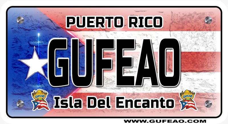A stylized license plate with a background of the Puerto Rican flag's red and white stripes and blue triangle with a prominent white star and light beam. The word "GUFEAO" is prominently displayed in large black letters, with "PUERTO RICO" above in black. Below, "Isla Del Encanto" is written in black, flanked by two "Gufeo" cartoon characters with flags. The website "www.gufeo.com" is at the bottom.
