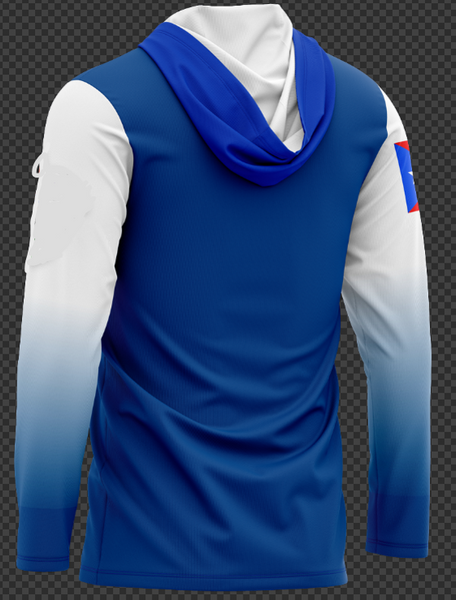 Puerto Rico hoodie featuring a striking blue and white design with red "Puerto Rico" text and a star, accented with red and white stripes on the sleeves, perfect for proud fans in 2025.