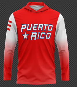 Puerto Rico hoodie featuring a striking red and white design with red "Puerto Rico" text and a star, accented with blue and white stripes on the sleeves, perfect for proud fans in 2025.