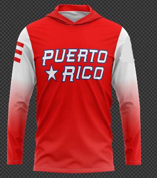 Puerto Rico hoodie featuring a striking red and white design with red "Puerto Rico" text and a star, accented with blue and white stripes on the sleeves, perfect for proud fans in 2025.