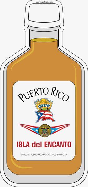 An illustration of a bottle labeled "Puerto Rico Isla del Encanto," featuring a golden liquid inside. The label includes the text "Puerto Rico" at the top, a cartoon character "Gufeo" with a flag, and a seal with the Puerto Rican flag. Additional text reads "Isla del Encanto" and "San Juan Puerto Rico - 40% ALC/VOL 80 PROOF," with the website "www.gufeo.com" at the top.