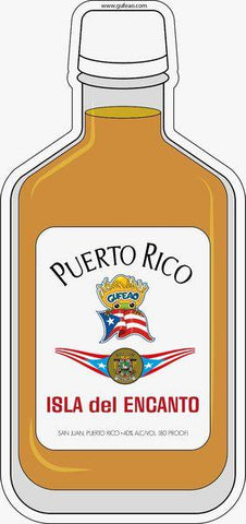 An illustration of a bottle labeled "Puerto Rico Isla del Encanto," featuring a golden liquid inside. The label includes the text "Puerto Rico" at the top, a cartoon character "Gufeo" with a flag, and a seal with the Puerto Rican flag. Additional text reads "Isla del Encanto" and "San Juan Puerto Rico - 40% ALC/VOL 80 PROOF," with the website "www.gufeo.com" at the top.