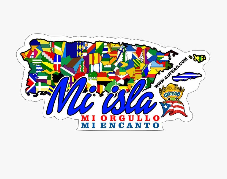 A colorful logo featuring a map of Puerto Rico made up of various international flags. The text "Mi Isla" is in large blue letters, with "Mi Orgullo Mi Encanto" in red below it. A Puerto Rican flag and a "Gufeo" cartoon character with a straw hat are on the right side. The website "www.gufeo.com" is noted at the top right.