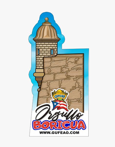 A stylized logo featuring a stone fortress with a domed tower on the left side, set against a blue sky. The text "Orgullo Boricua" is prominently displayed at the bottom in black and red cursive letters, with a small Puerto Rican flag beneath it. A "Gufeo" cartoon character emblem is in the center. The website "www.gufeo.com" is noted at the bottom.