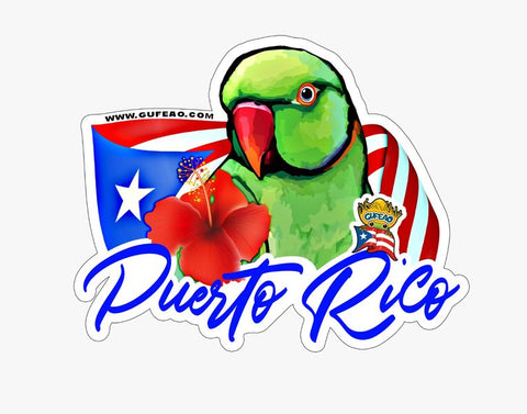 Colorful illustration of a green parrot holding a red hibiscus flower, with the Puerto Rican flag in the background and the text "Puerto Rico" in bold blue, symbolizing Puerto Rican heritage and beauty. Visit www.gufeao.com for more.