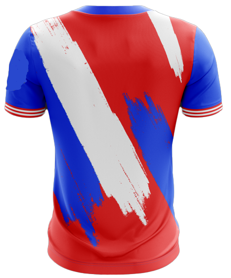Puerto Rico patriotic t-shirt featuring a vibrant design with red, white, and blue brushstroke patterns inspired by the Puerto Rican flag, prominently displaying "Puerto Rico" text, ideal for proud fans in 2025.
