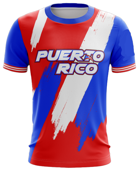 A short-sleeved Puerto Rico baseball t-shirt with red, white, and blue colors and text design.