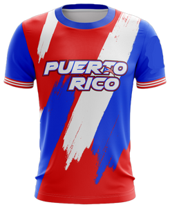 A short-sleeved Puerto Rico baseball t-shirt with red, white, and blue colors and text design.