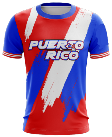 A short-sleeved Puerto Rico baseball t-shirt with red, white, and blue colors and text design.