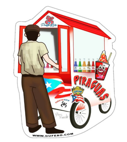 A colorful illustration of a piragua cart with a red roof, featuring a person serving at the window. The cart displays the Puerto Rican flag on its side, with bottles and a piragua cup with a "Gufeo" cartoon character on top. The text "PIRAGUAS" is prominently displayed, along with "Puerto Rico" and "Pana de Pira" on the wheel. The website "www.gufeo.com" is noted at the bottom.