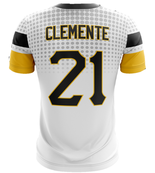 A white baseball jersey with a polka dot pattern, featuring "Pirates" in yellow text, the Puerto Rican flag, and an image of a Pittsburgh Pirates player wearing a classic uniform, set against a black background.