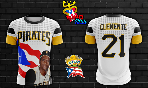 A white baseball jersey with a polka dot pattern, featuring "Pirates" in yellow text, the Puerto Rican flag, and an image of a Pittsburgh Pirates player wearing a classic uniform, set against a black background.