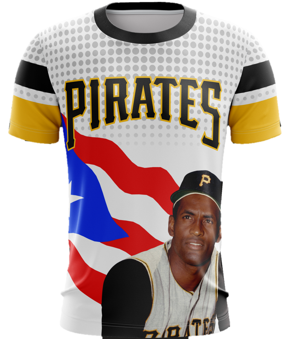 A t-shirt with a graphic print of the word 'PIRATES' and an image of a baseball player wearing a Pirates uniform.