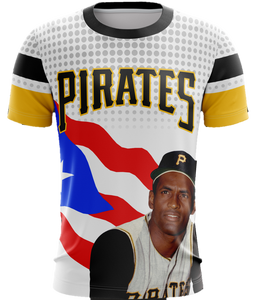 A t-shirt with a graphic print of the word 'PIRATES' and an image of a baseball player wearing a Pirates uniform.