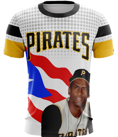 A t-shirt with a graphic print of the word 'PIRATES' and an image of a baseball player wearing a Pirates uniform.