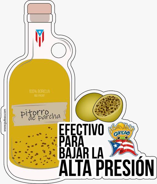 An illustration of a bottle labeled "Pitorro de Parcha," featuring a yellow liquid with a Puerto Rican flag on the neck. The label includes "100% Boricua 160 Proof" and a torn effect, with text "Efectivo para bajar la alta presion" in bold. A cut passion fruit (parcha) and the "Gufeo" cartoon character with a flag are depicted on the side. The website "www.gufeo.com" is noted at the top.