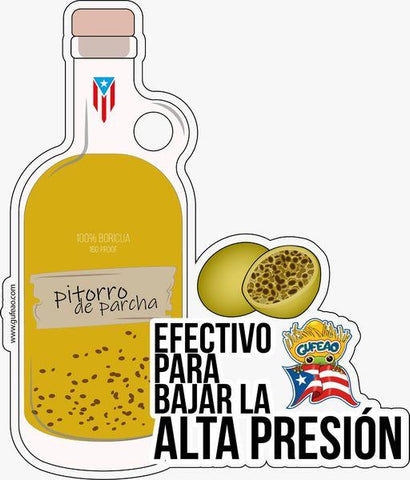 An illustration of a bottle labeled "Pitorro de Parcha," featuring a yellow liquid with a Puerto Rican flag on the neck. The label includes "100% Boricua 160 Proof" and a torn effect, with text "Efectivo para bajar la alta presion" in bold. A cut passion fruit (parcha) and the "Gufeo" cartoon character with a flag are depicted on the side. The website "www.gufeo.com" is noted at the top.