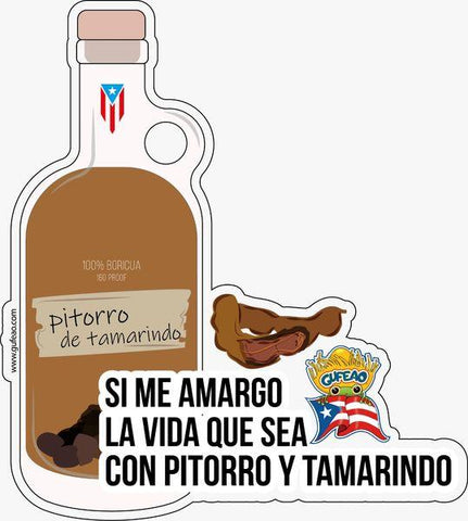 An illustration of a bottle labeled "Pitorro de Tamarindo," featuring a brown liquid with a Puerto Rican flag on the neck. The label includes "100% Boricua" and a torn effect, with text "Si me amargo la vida que sea con Pitorro y Tamarindo" in bold. A tamarind pod and the "Gufeo" cartoon character with a flag are shown on the side. The website "www.gufeo.com" is noted at the top.