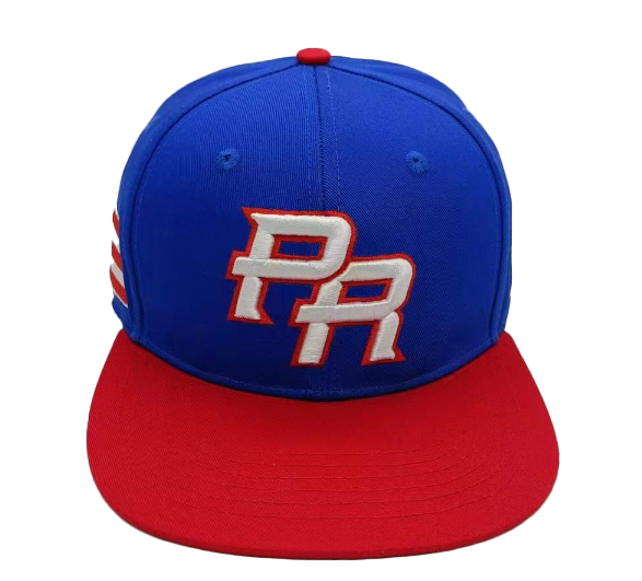 A fitted baseball hat with a blue crown and red brim, featuring embroidered 'PR' logo in white and red.