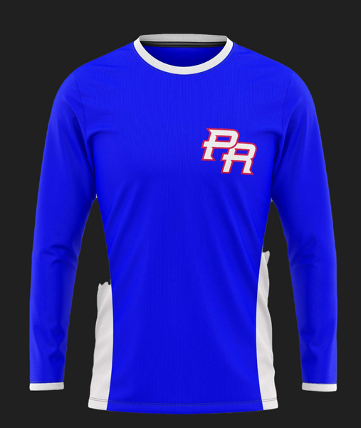 Puerto Rico PR long-sleeve t-shirt featuring a blue design with bold red and white "PR" lettering, accented with red trim and side panels, perfect for proud fans in 2025.