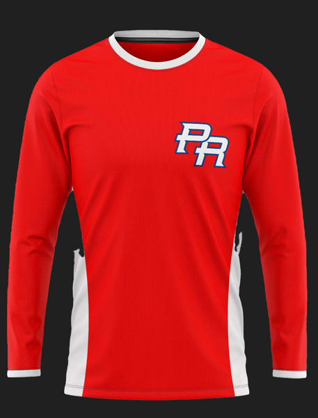 Puerto Rico PR long-sleeve t-shirt featuring a red design with bold white and blue "PR" lettering, accented with red trim and side panels, perfect for proud fans in 2025.