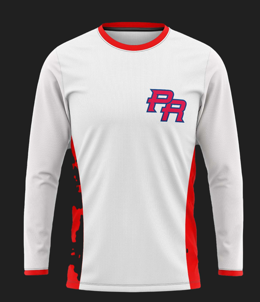 A long-sleeved white t-shirt with red and blue details, featuring the initials 'PR' on the chest.