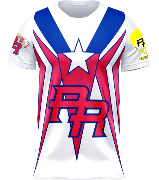 Puerto Rico PR team t-shirt featuring a white base with bold red and blue star design, "PR" lettering, and #Team logo on the sleeve, perfect for proud supporters in 2025.
