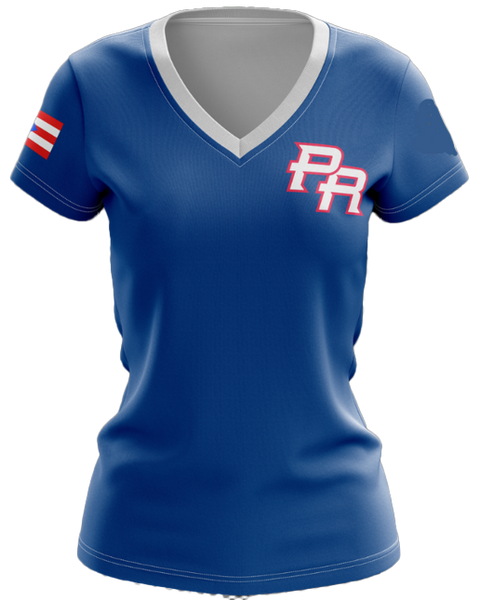 Puerto Rico PR women's t-shirt featuring a bold blue design with a white V-neck, red "PR" lettering, and a small Puerto Rican flag on the sleeve, perfect for proud women in 2025.