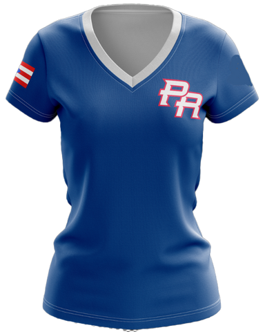 Puerto Rico PR women's t-shirt featuring a bold blue design with a white V-neck, red "PR" lettering, and a small Puerto Rican flag on the sleeve, perfect for proud women in 2025.