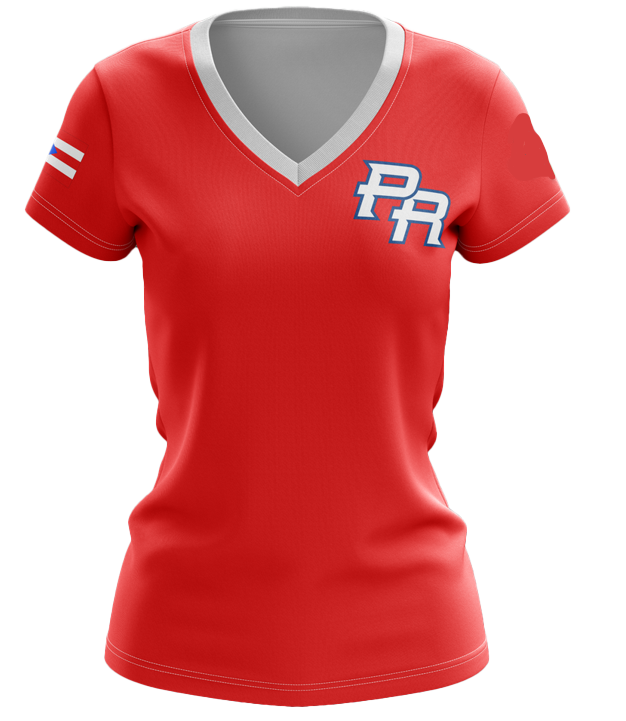 Puerto Rico PR women's t-shirt featuring a bold red design with a white V-neck, red "PR" lettering, and a small Puerto Rican flag on the sleeve, perfect for proud women in 2025.
