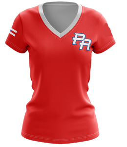Puerto Rico PR women's t-shirt featuring a bold red design with a white V-neck, red "PR" lettering, and a small Puerto Rican flag on the sleeve, perfect for proud women in 2025.