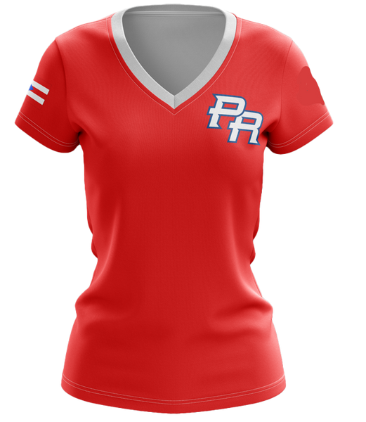 Puerto Rico PR women's t-shirt featuring a bold red design with a white V-neck, red "PR" lettering, and a small Puerto Rican flag on the sleeve, perfect for proud women in 2025.