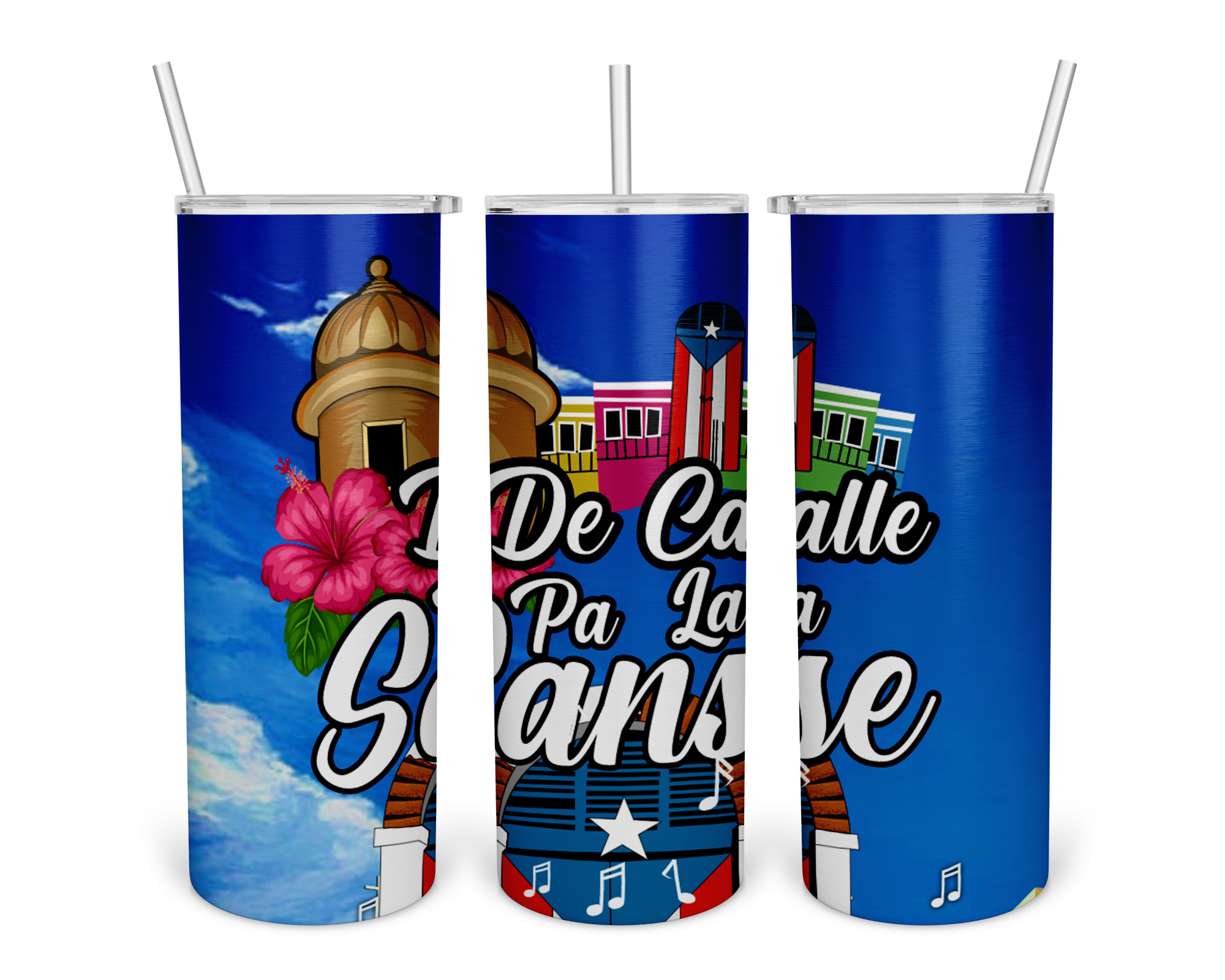 A colorful tumbler design featuring a Puerto Rican historic fort, vibrant buildings, a hibiscus flower, and the text "De Calle Pa' La Sanse" with musical notes and the Puerto Rican flag, set against a blue background.
