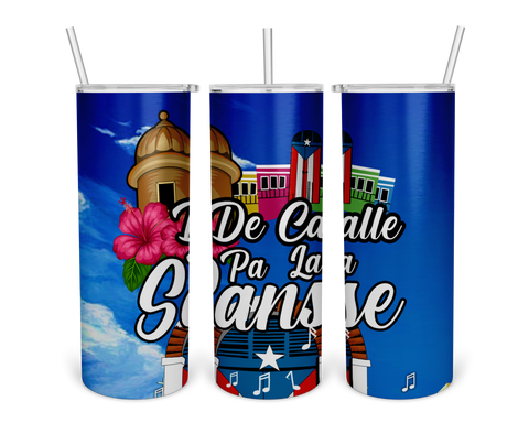 A colorful tumbler design featuring a Puerto Rican historic fort, vibrant buildings, a hibiscus flower, and the text "De Calle Pa' La Sanse" with musical notes and the Puerto Rican flag, set against a blue background.