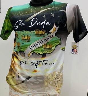 Left and right views of a vibrant Puerto Rican shirt with "Sin Duda" and "Las Mujeres Bellas del Mundo Están en Puerto Rico" text, featuring a map, stars, and the Gufeao mascot with the Puerto Rican flag, celebrating cultural beauty and pride.
