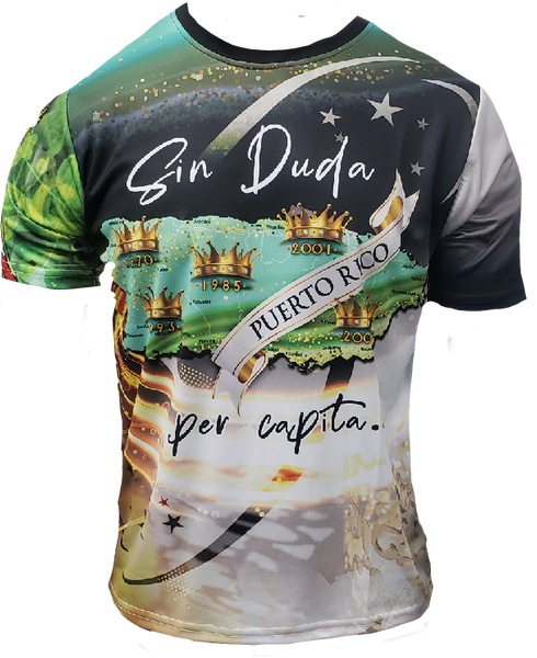 Left and right views of a vibrant Puerto Rican shirt with "Sin Duda" and "Las Mujeres Bellas del Mundo Están en Puerto Rico" text, featuring a map, stars, and the Gufeao mascot with the Puerto Rican flag, celebrating cultural beauty and pride.