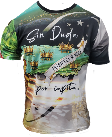 Left and right views of a vibrant Puerto Rican shirt with "Sin Duda" and "Las Mujeres Bellas del Mundo Están en Puerto Rico" text, featuring a map, stars, and the Gufeao mascot with the Puerto Rican flag, celebrating cultural beauty and pride.