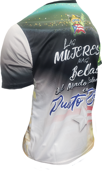 Left and right views of a vibrant Puerto Rican shirt with "Sin Duda" and "Las Mujeres Bellas del Mundo Están en Puerto Rico" text, featuring a map, stars, and the Gufeao mascot with the Puerto Rican flag, celebrating cultural beauty and pride.