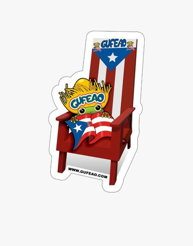 A colorful logo featuring a red rocking chair with a Puerto Rican flag draped over it, and a "Gufeo" cartoon character wearing a straw hat and holding a small flag, sitting in the chair. The text "GUFEAD" is on the chair's backrest, with additional Puerto Rican flag elements. The website "www.gufeo.com" is noted at the bottom.