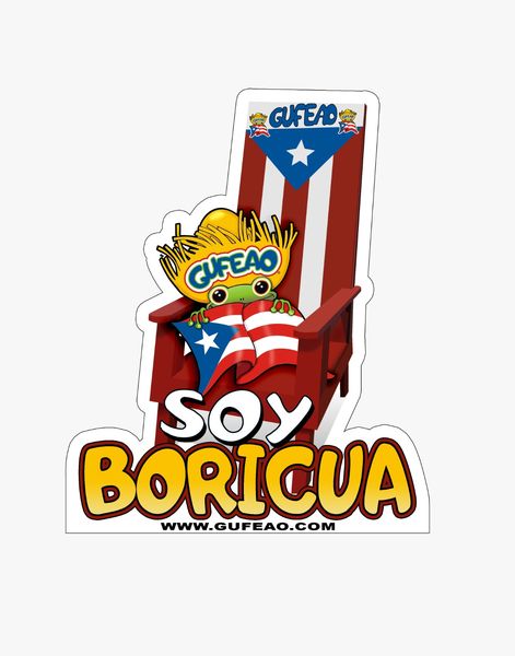 A colorful logo featuring a red rocking chair with a Puerto Rican flag draped over it, and a "Gufeo" cartoon character wearing a straw hat and holding a small flag, sitting in the chair. The text "SOY BORICUA" is boldly displayed below in yellow letters. The website "www.gufeo.com" is noted at the bottom.