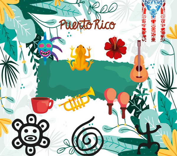Three Puerto Rico tumblers with tropical designs including frog, flower, guitar, trumpet, maraca, Taino symbol, and flag.
