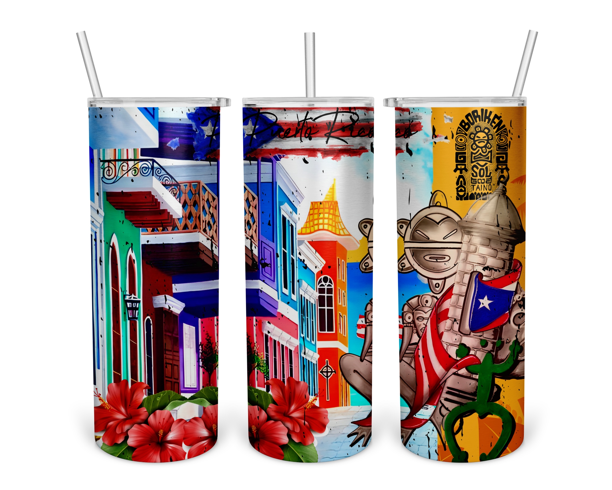 A vibrant street art illustration of Puerto Rico featuring colorful buildings with balconies, a historic tower, a Taino-inspired figure with the Puerto Rican flag, hibiscus flowers, and a green frog, reflecting the island's rich culture and heritage.