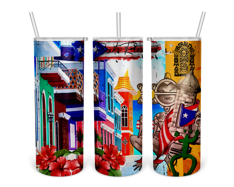 A vibrant street art illustration of Puerto Rico featuring colorful buildings with balconies, a historic tower, a Taino-inspired figure with the Puerto Rican flag, hibiscus flowers, and a green frog, reflecting the island's rich culture and heritage.