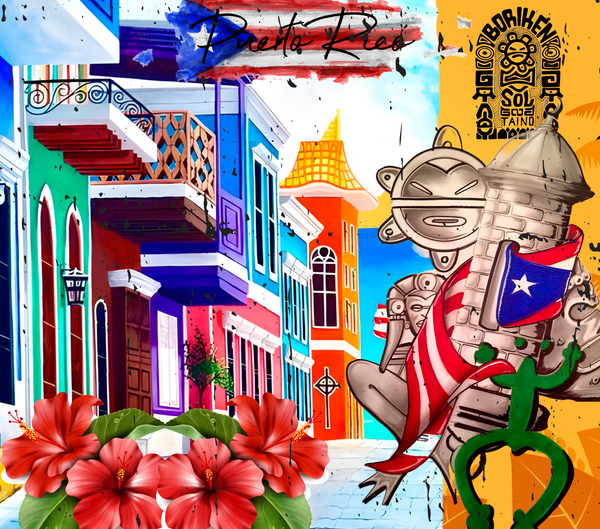 A vibrant street art illustration of Puerto Rico featuring colorful buildings with balconies, a historic tower, a Taino-inspired figure with the Puerto Rican flag, hibiscus flowers, and a green frog, reflecting the island's rich culture and heritage.