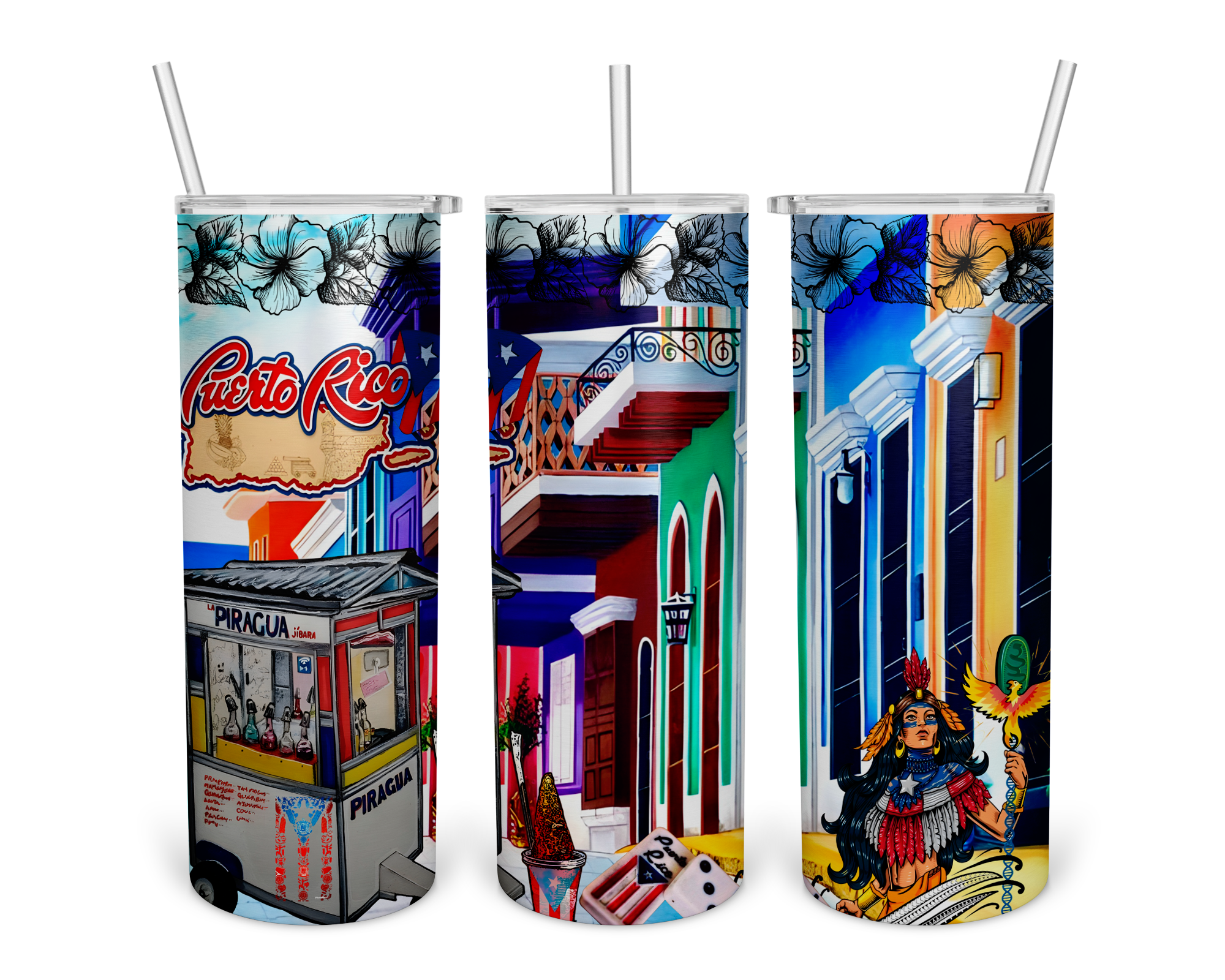 A colorful illustration of a Puerto Rican street scene featuring a piragua cart, vibrant buildings with balconies, hibiscus flowers, a cultural heroine with a phoenix staff, and dominoes, showcasing the island's culture and architecture.