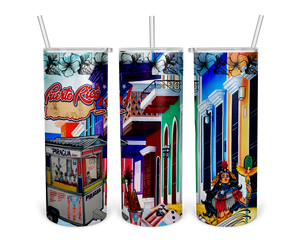 A colorful illustration of a Puerto Rican street scene featuring a piragua cart, vibrant buildings with balconies, hibiscus flowers, a cultural heroine with a phoenix staff, and dominoes, showcasing the island's culture and architecture.