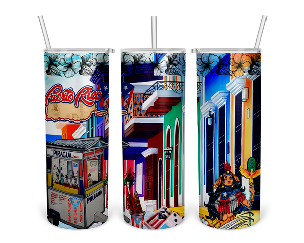A colorful illustration of a Puerto Rican street scene featuring a piragua cart, vibrant buildings with balconies, hibiscus flowers, a cultural heroine with a phoenix staff, and dominoes, showcasing the island's culture and architecture.