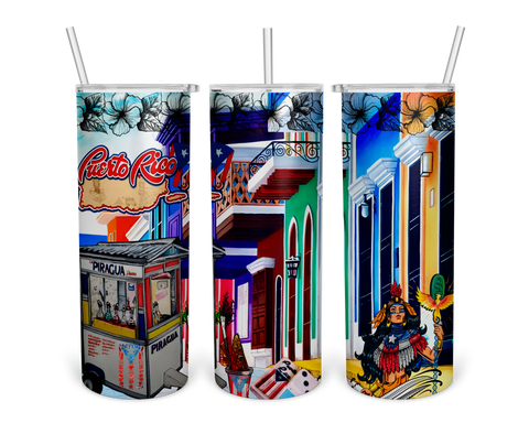 A colorful illustration of a Puerto Rican street scene featuring a piragua cart, vibrant buildings with balconies, hibiscus flowers, a cultural heroine with a phoenix staff, and dominoes, showcasing the island's culture and architecture.